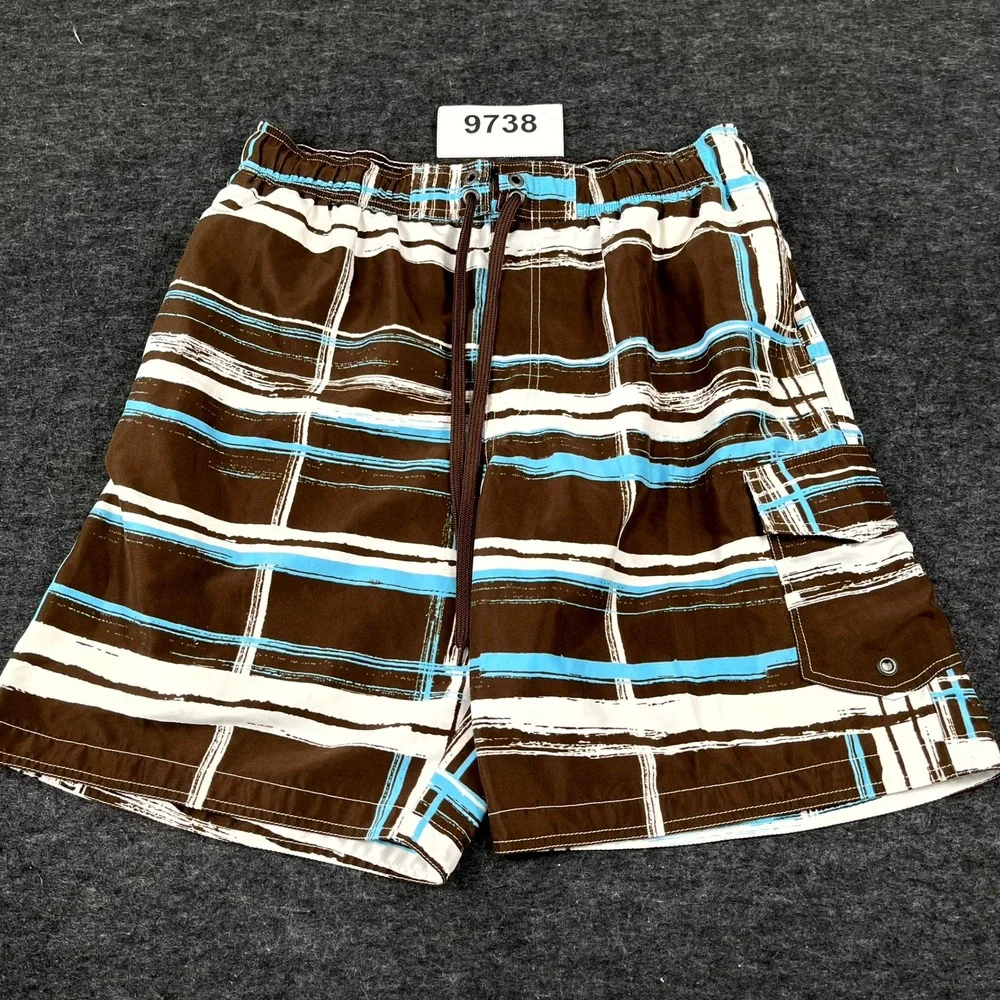 Sonoma Swim Trunk Board Shorts Mens Large Brown Blue Plaid Beach Swimwear